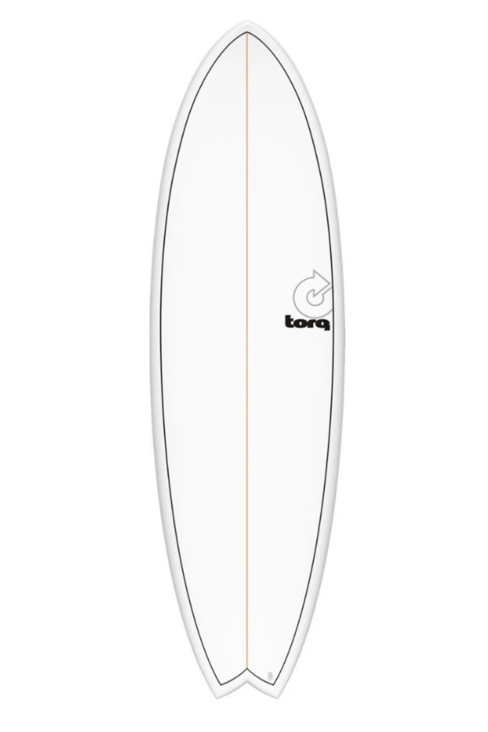 Torq TET ModFish White + Pinline Surfboard on a white background
