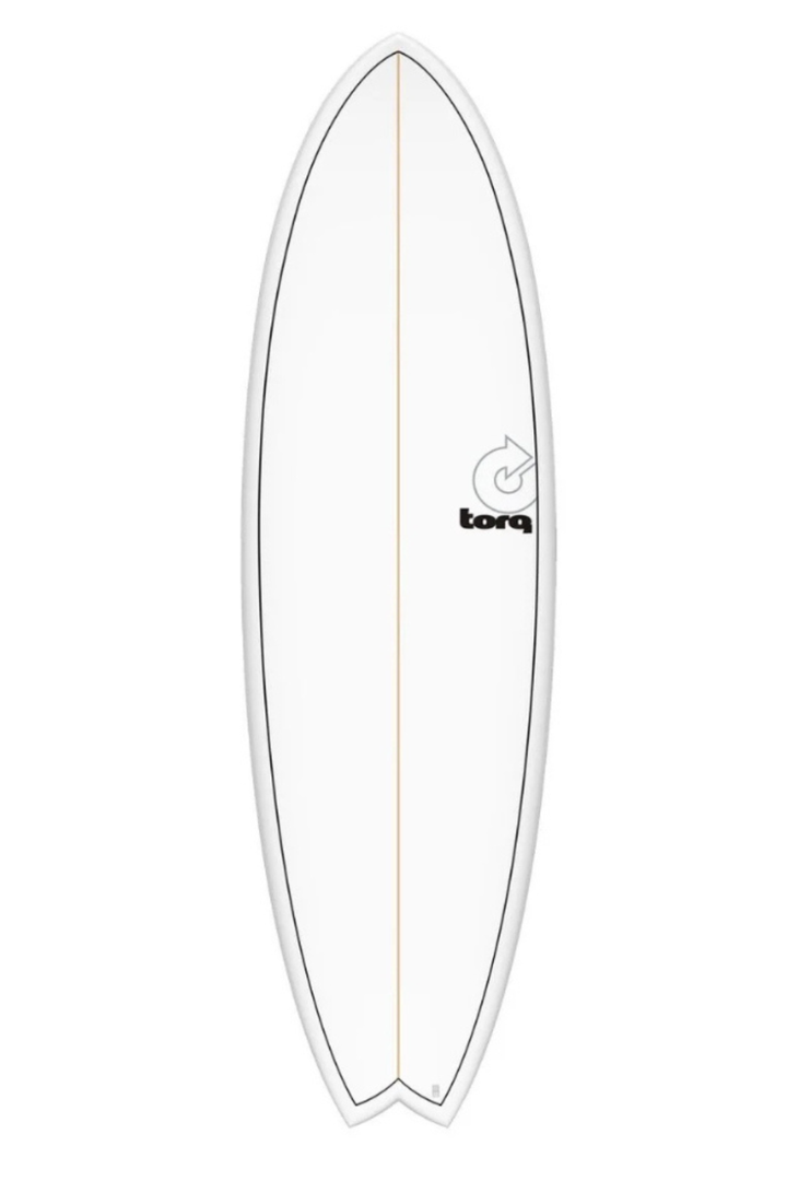 Torq TET ModFish White + Pinline Surfboard on a white background