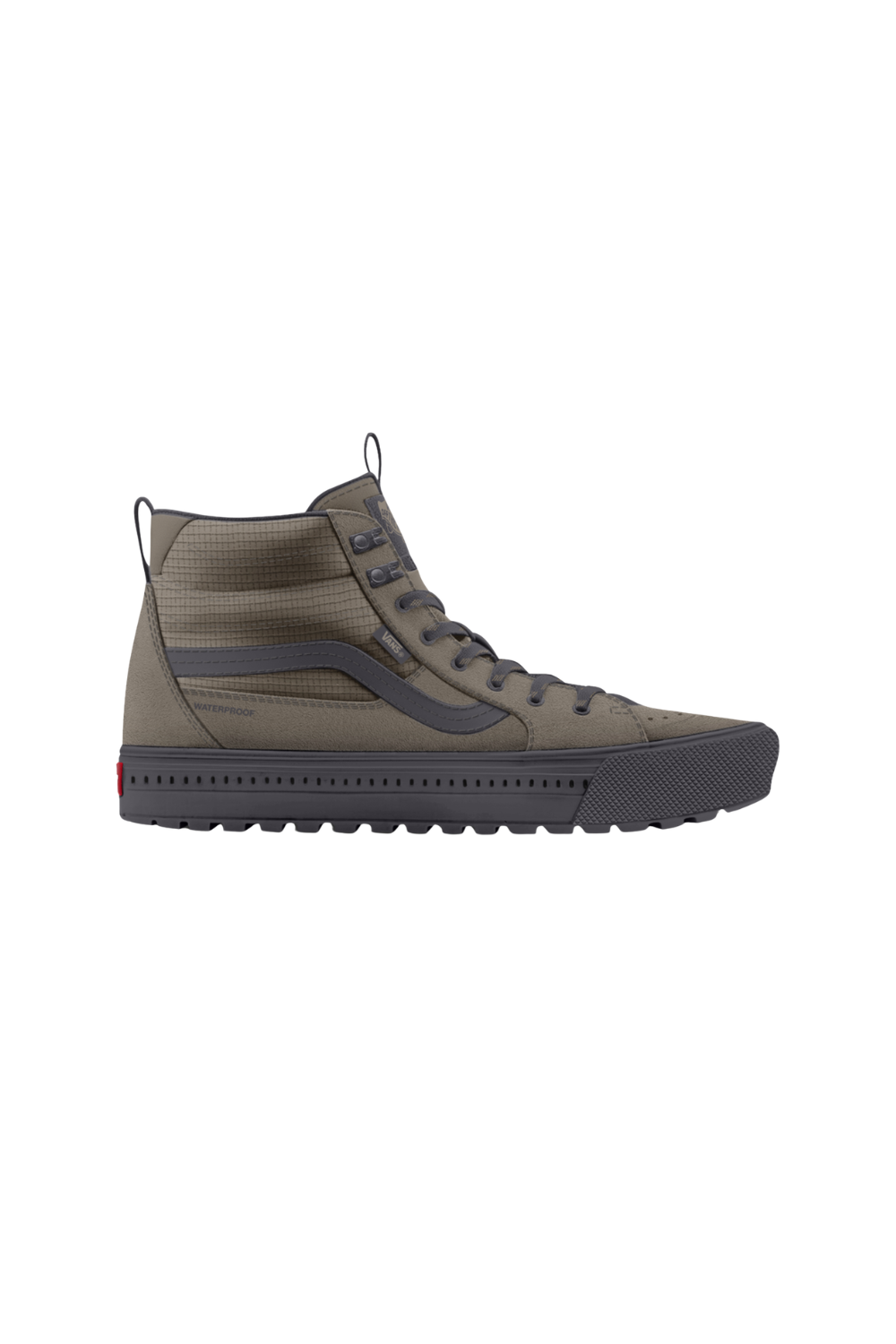 A single Vans high-top sneaker in olive green and dark gray, shown from the side profile against a plain white background.