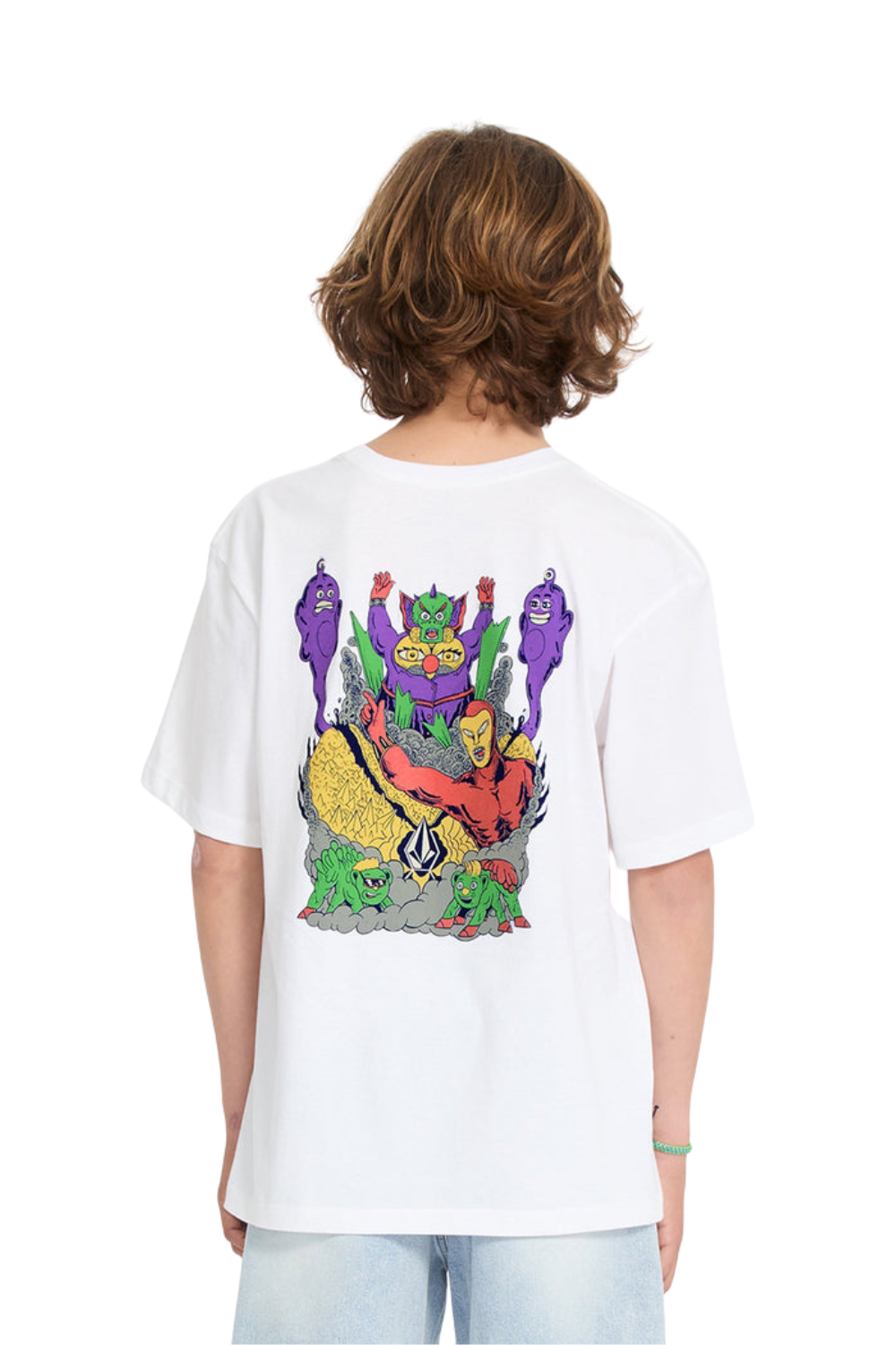 Chikd wearing a white t-shirt with colourful print on the back