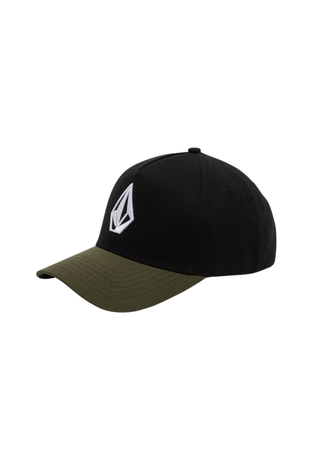 A black baseball cap with an olive green curved brim and a white Volcom stone logo on the front, shown against a plain white background.