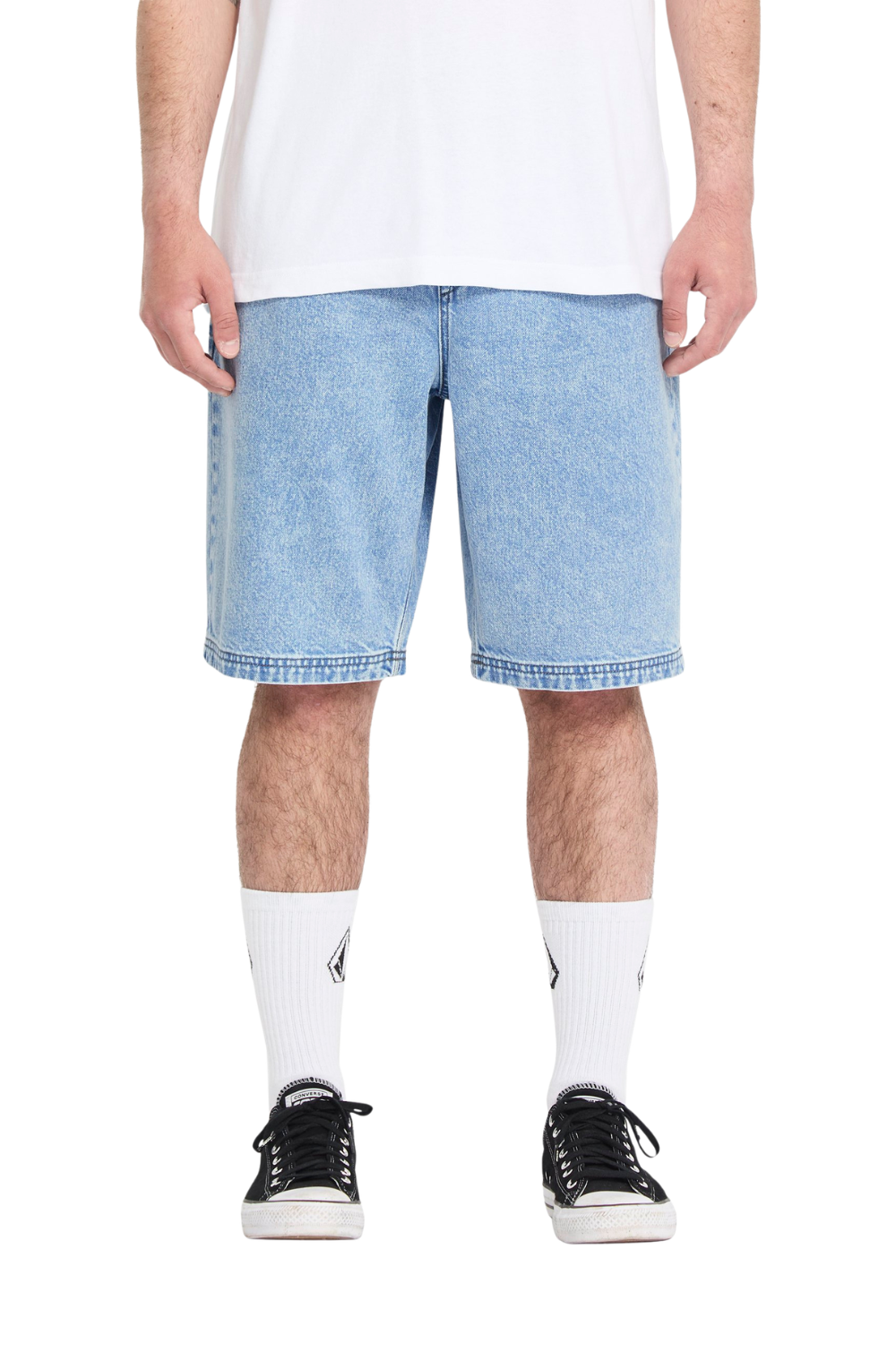 Person wearing light blue denim shorts on a white background