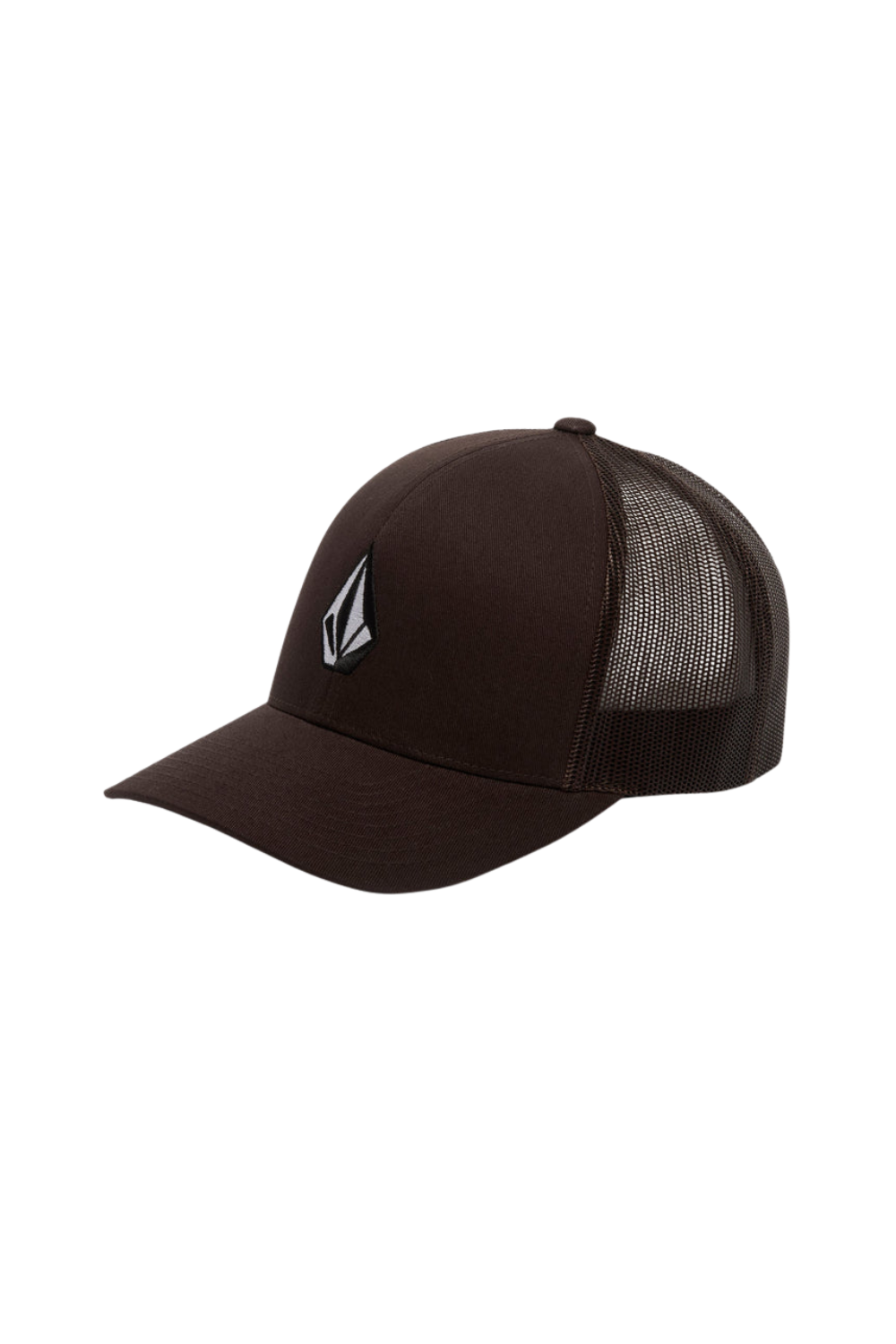 A dark brown Volcom trucker cap with a structured front panel, curved brim, and black mesh back panels, featuring the Volcom stone logo on the front.