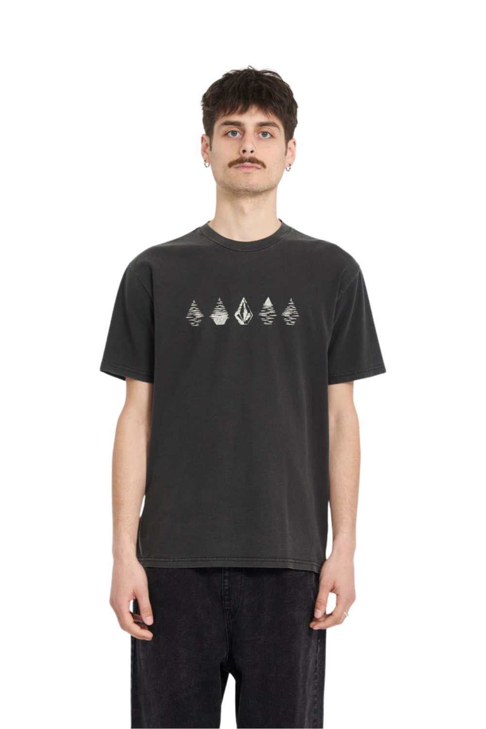 Person wearing a black t-shirt with graphic design on a white background