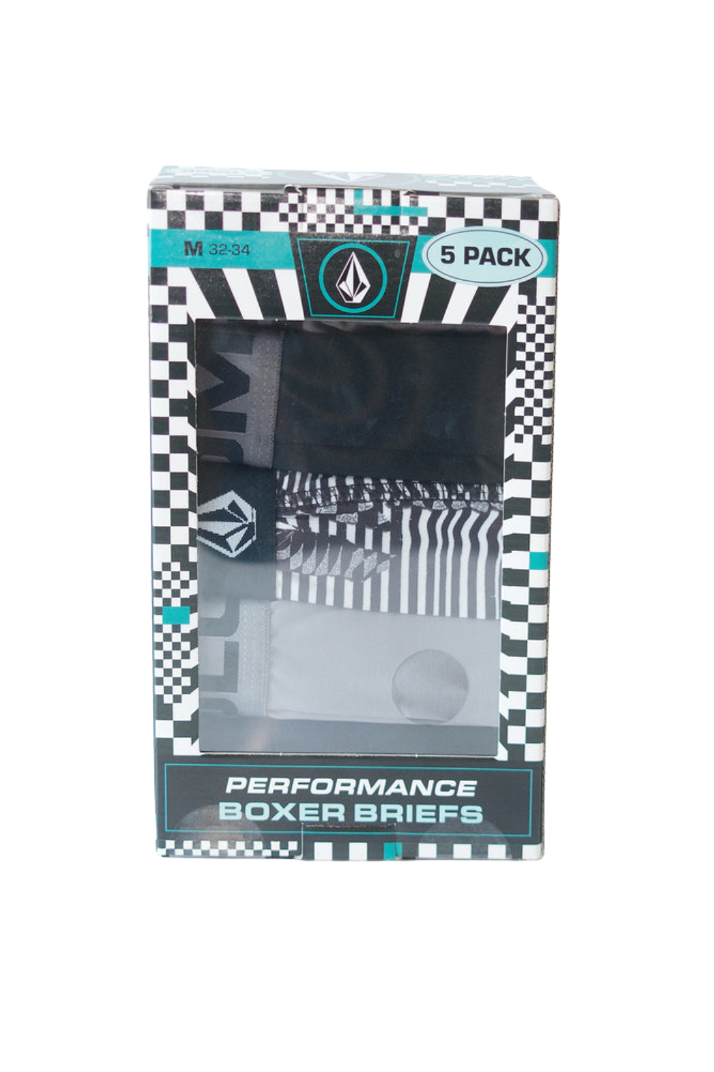 Volcom Performance Boxer Briefs 5-pack in medium size, shown in its original retail packaging with a clear window displaying the black, white, and gray striped briefs.