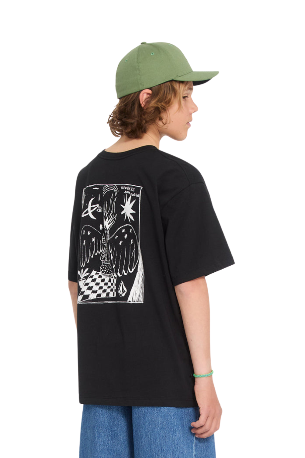 Child wearing a black t-shirt with a graphic design on the back, standing against a white background.