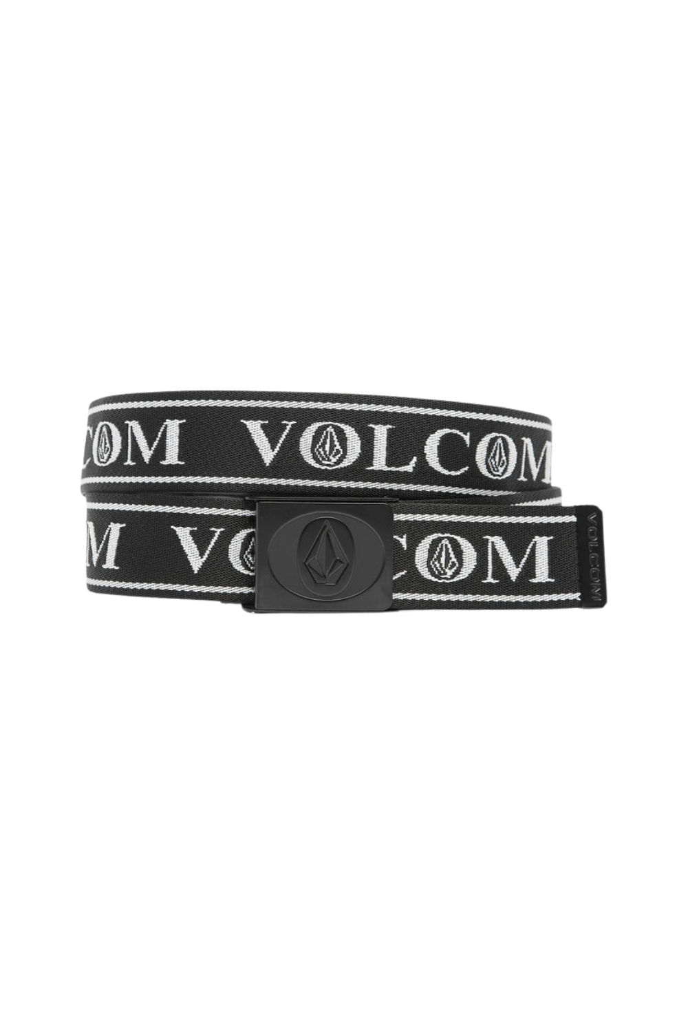 Black belt with white logo and text on a white background