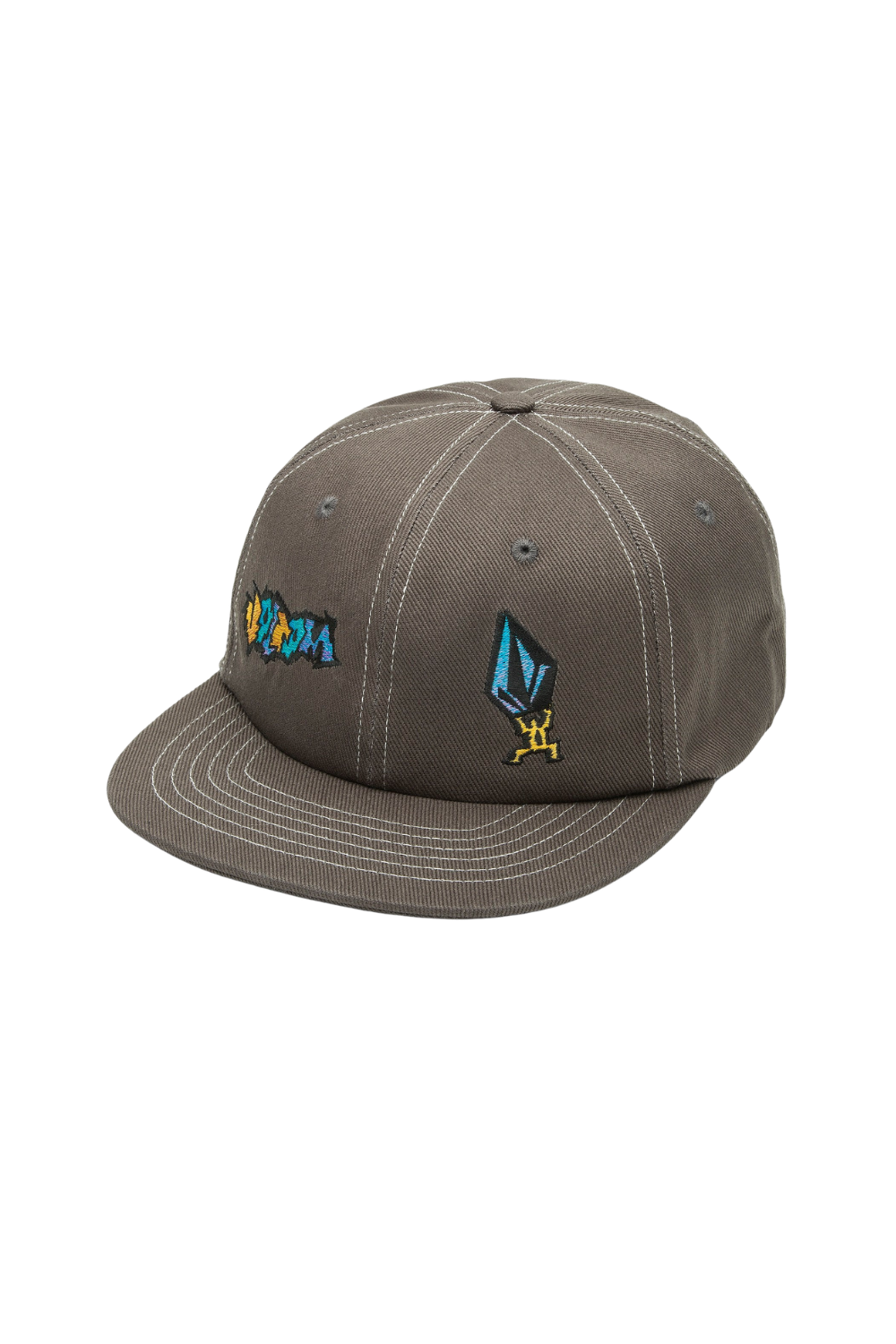 a grey snapback with mutlcoloured volcom logos on the front on a white background