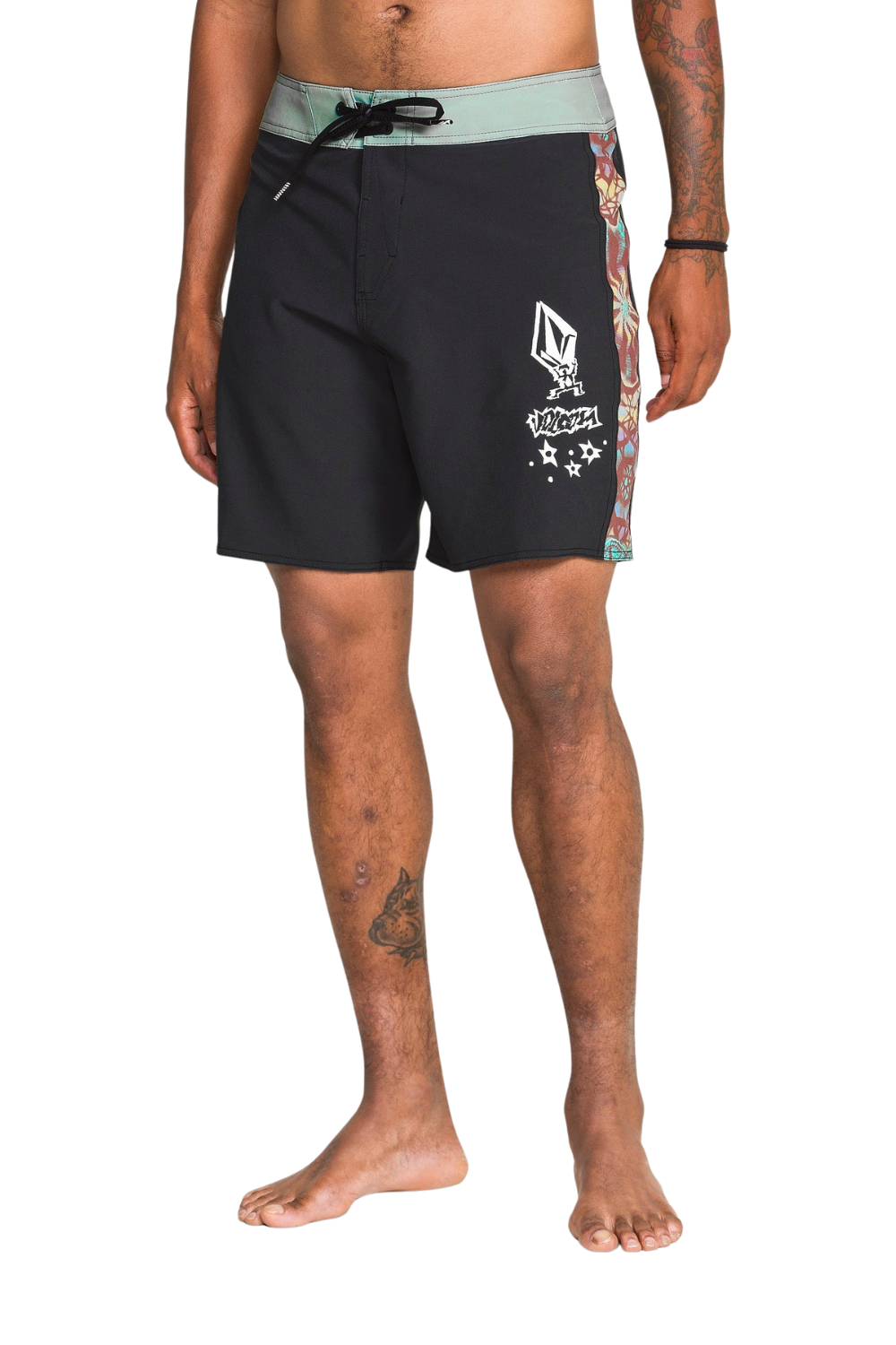a person wearing black boardshorts with colour panels down the side on a white background