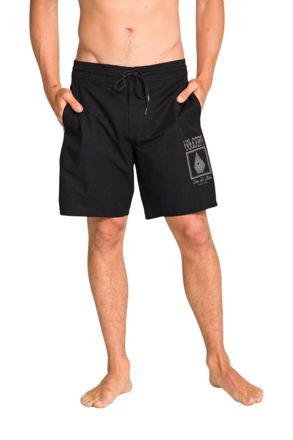 Black shorts with a graphic design on a white background