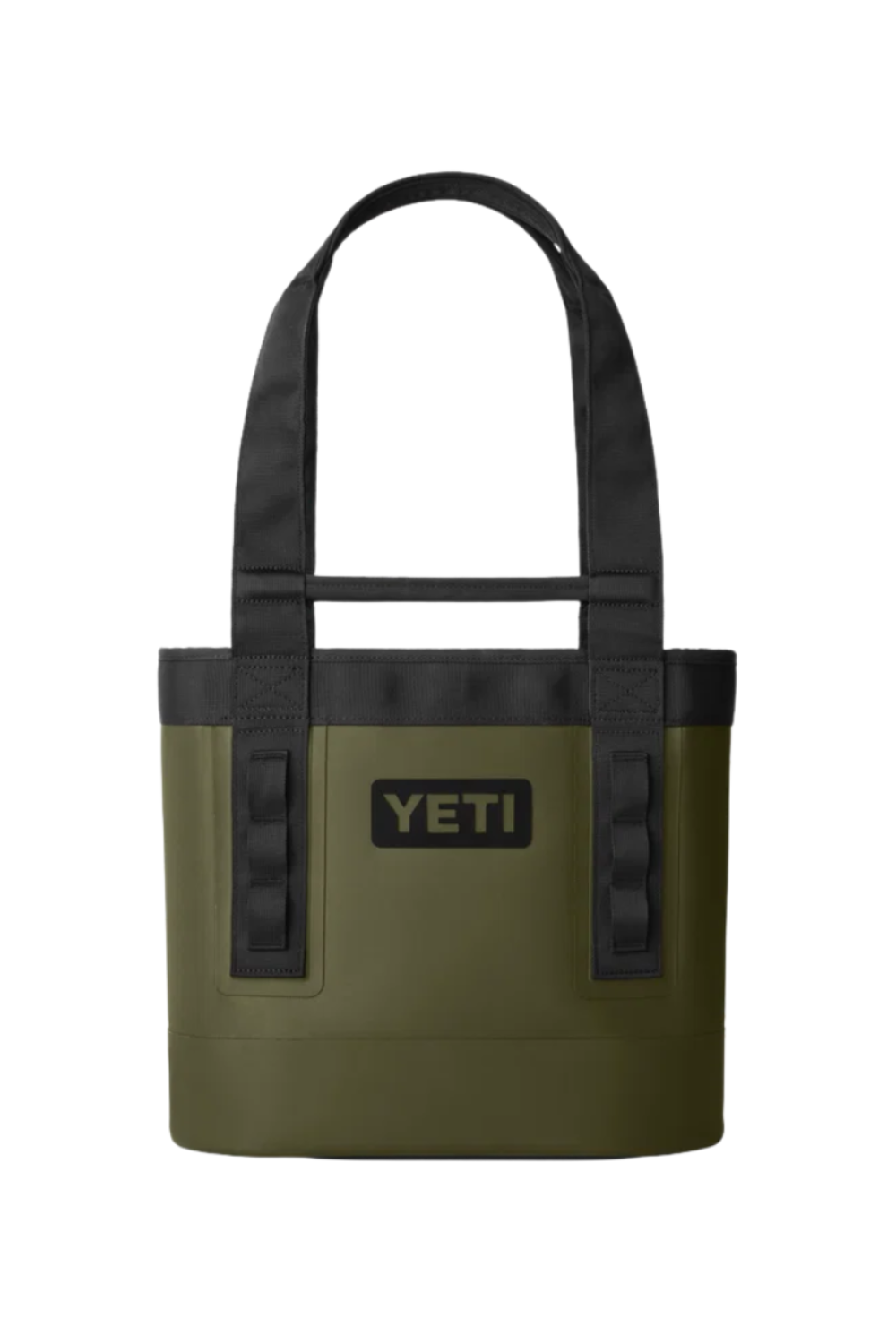 An olive green YETI tote bag with black handles and trim, featuring the black YETI logo patch on the front, set against a plain white background.