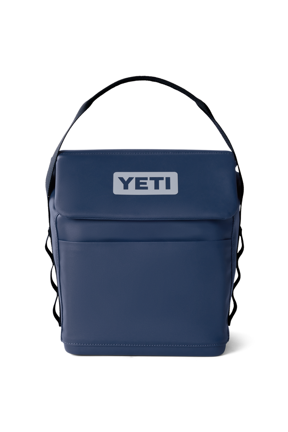A navy blue YETI cooler bag with a top handle and a front pocket shown on a clean white background.