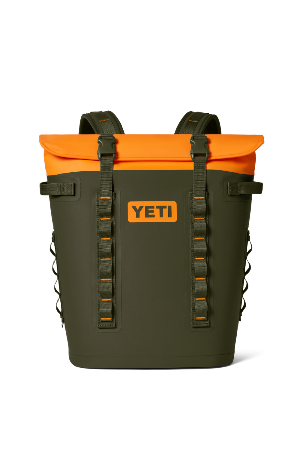 A Yeti Backpack cooler in olive green and orange colour on a white background