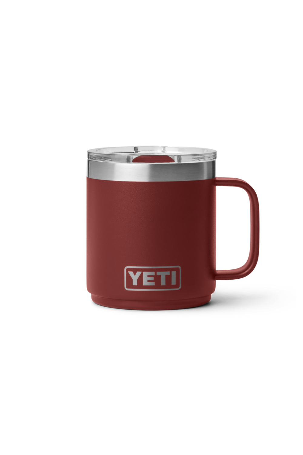 A YETI insulated travel mug in matte dark red with a stainless steel lid and handle, shown on a clean white background.