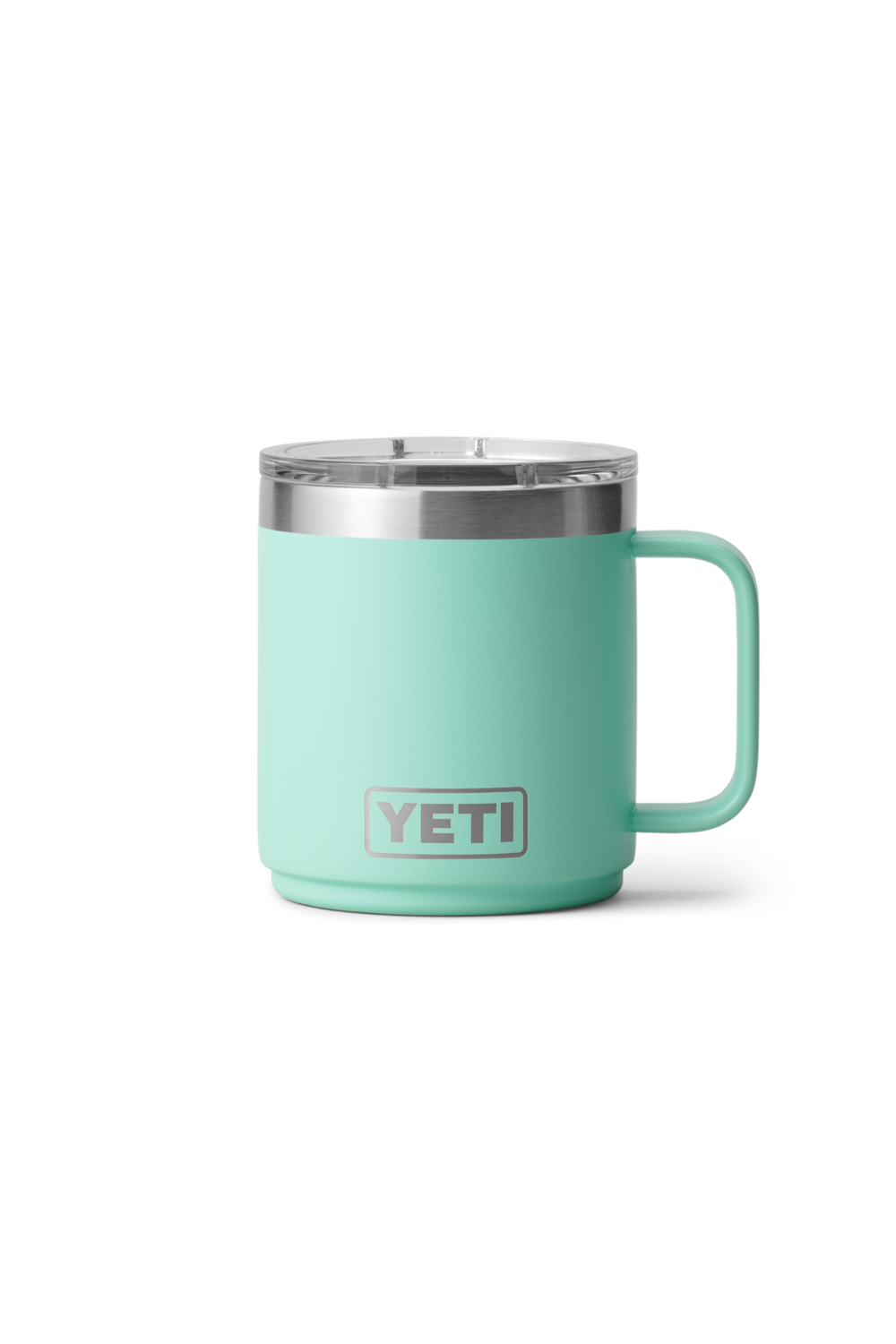 A mint green YETI insulated mug with a stainless steel lid and a matching mint green handle, shown on a clean white background.