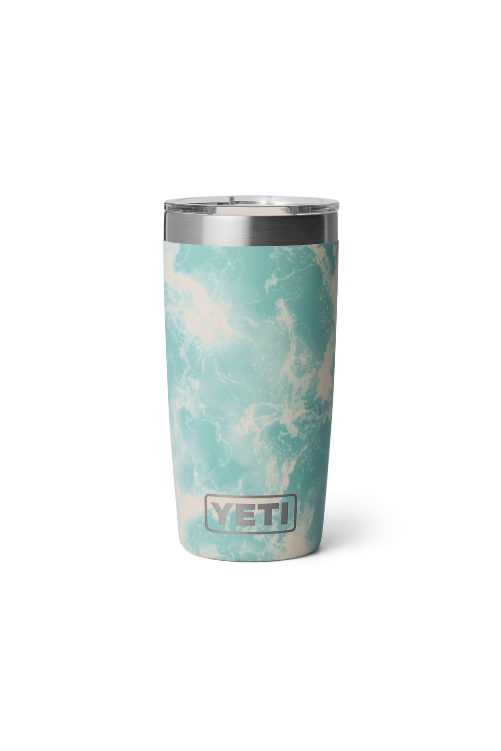 Marble-patterned YETI tumbler on a white background