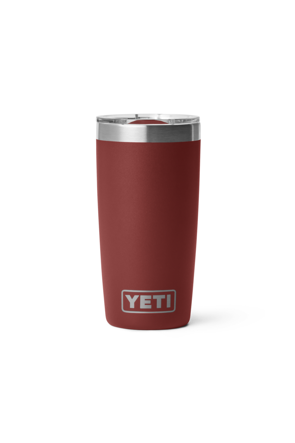 A YETI 20 oz travel tumbler in matte dark red with a stainless steel rim and a silver YETI logo on the front, set against a plain white background.