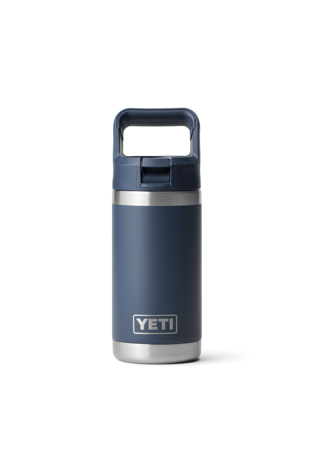 Blue YETI bottle with handle on a white background