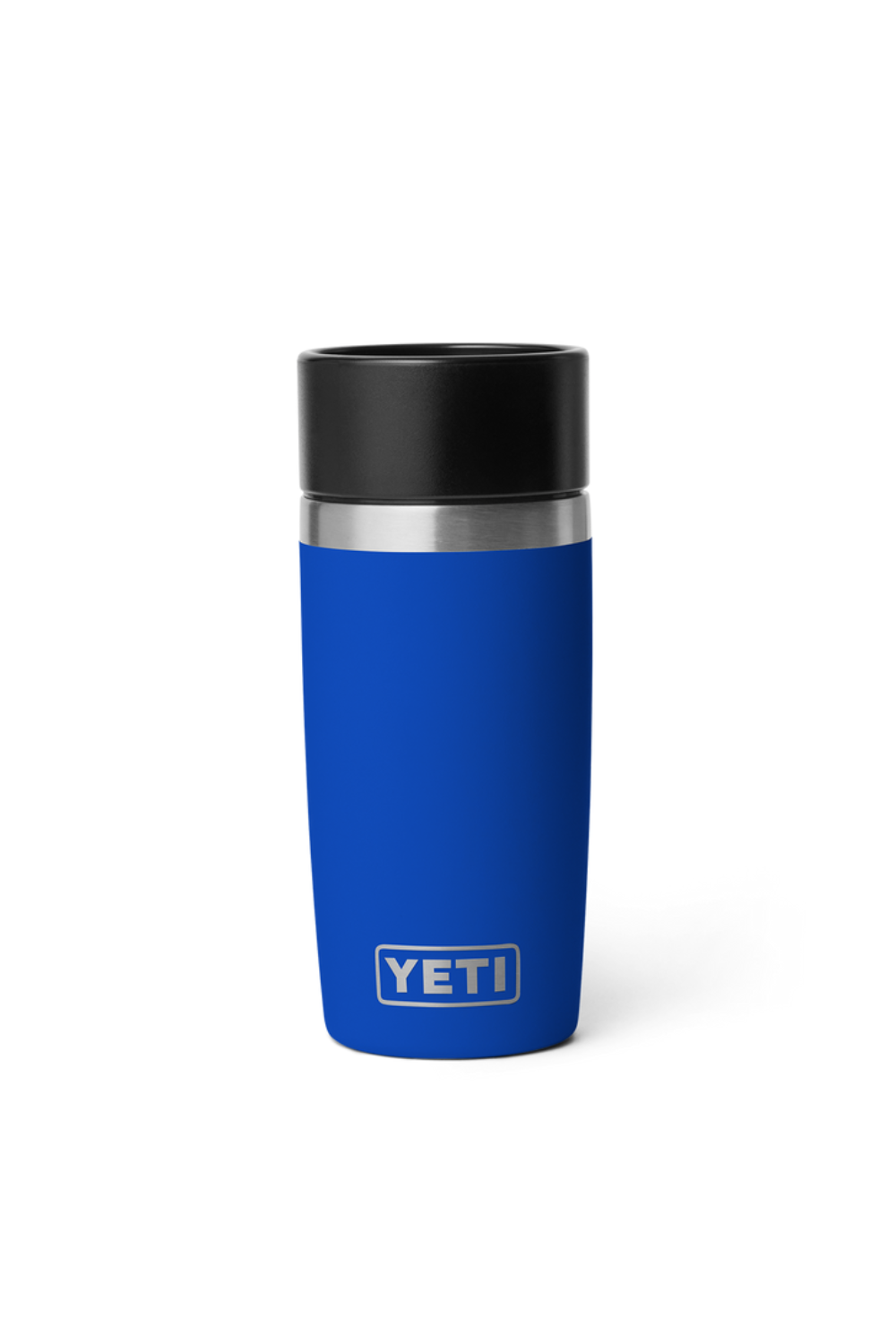 Blue YETI mug with a black lid on a white background