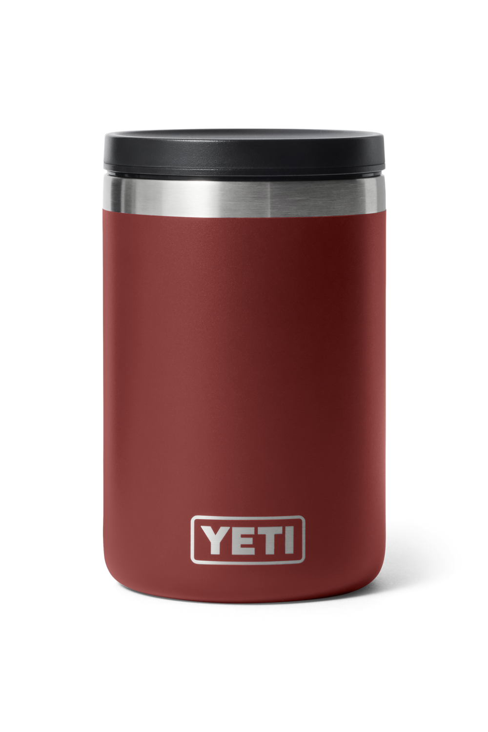 A YETI insulated can cooler in matte burgundy red with a black lid and a silver stainless steel band near the top, featuring the YETI logo on the front.