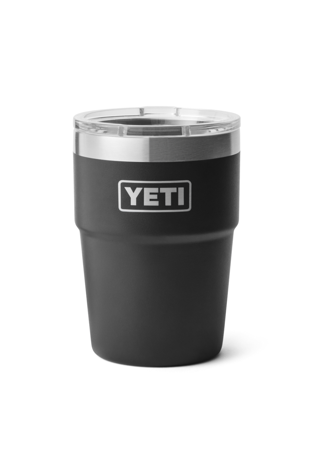 Black YETI tumbler with a silver lid on a white background
