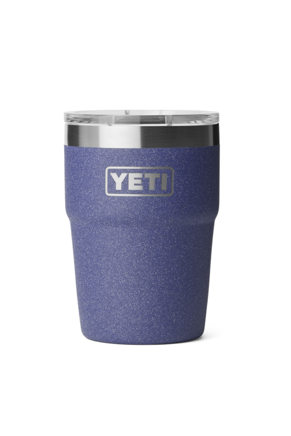 Dark Purple YETI tumbler with a silver rim on a white background
