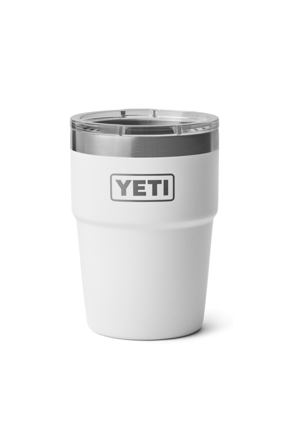 White YETI tumbler with a clear lid on a white background