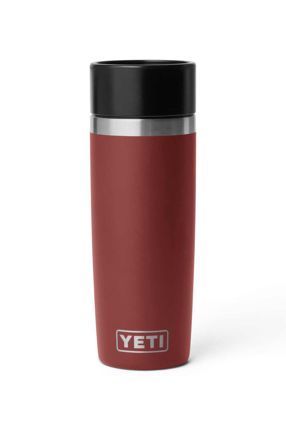 A YETI travel tumbler in matte burgundy with a black lid and a silver stainless steel band, featuring the YETI logo near the bottom.