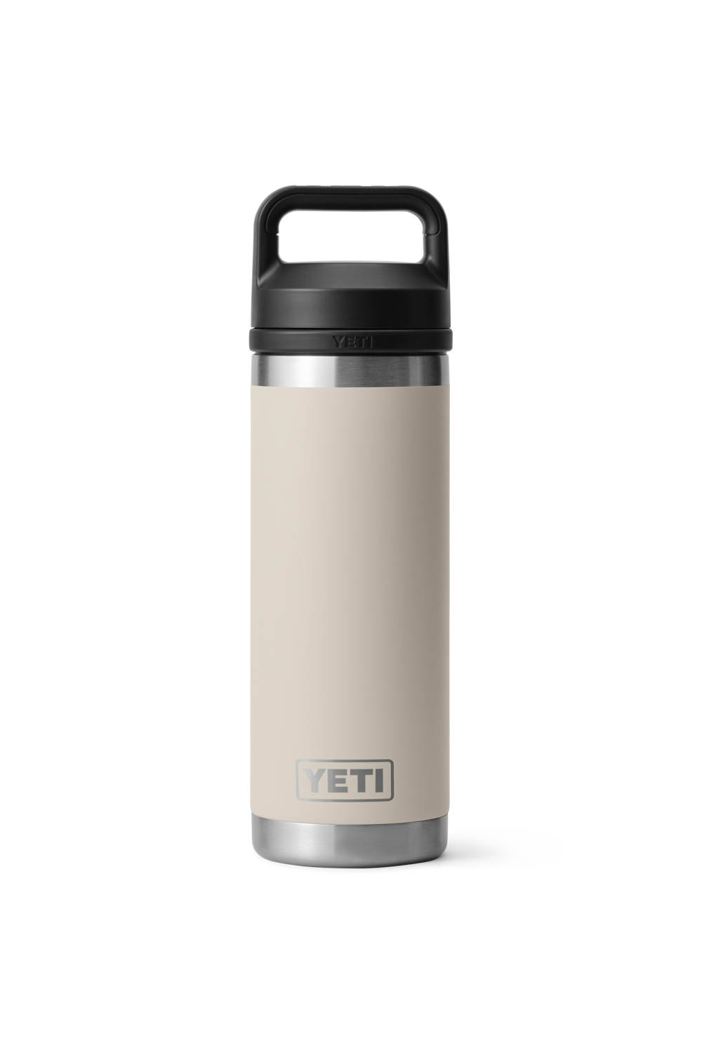 A beige Yeti water bottle with a black chug cap on a white background
