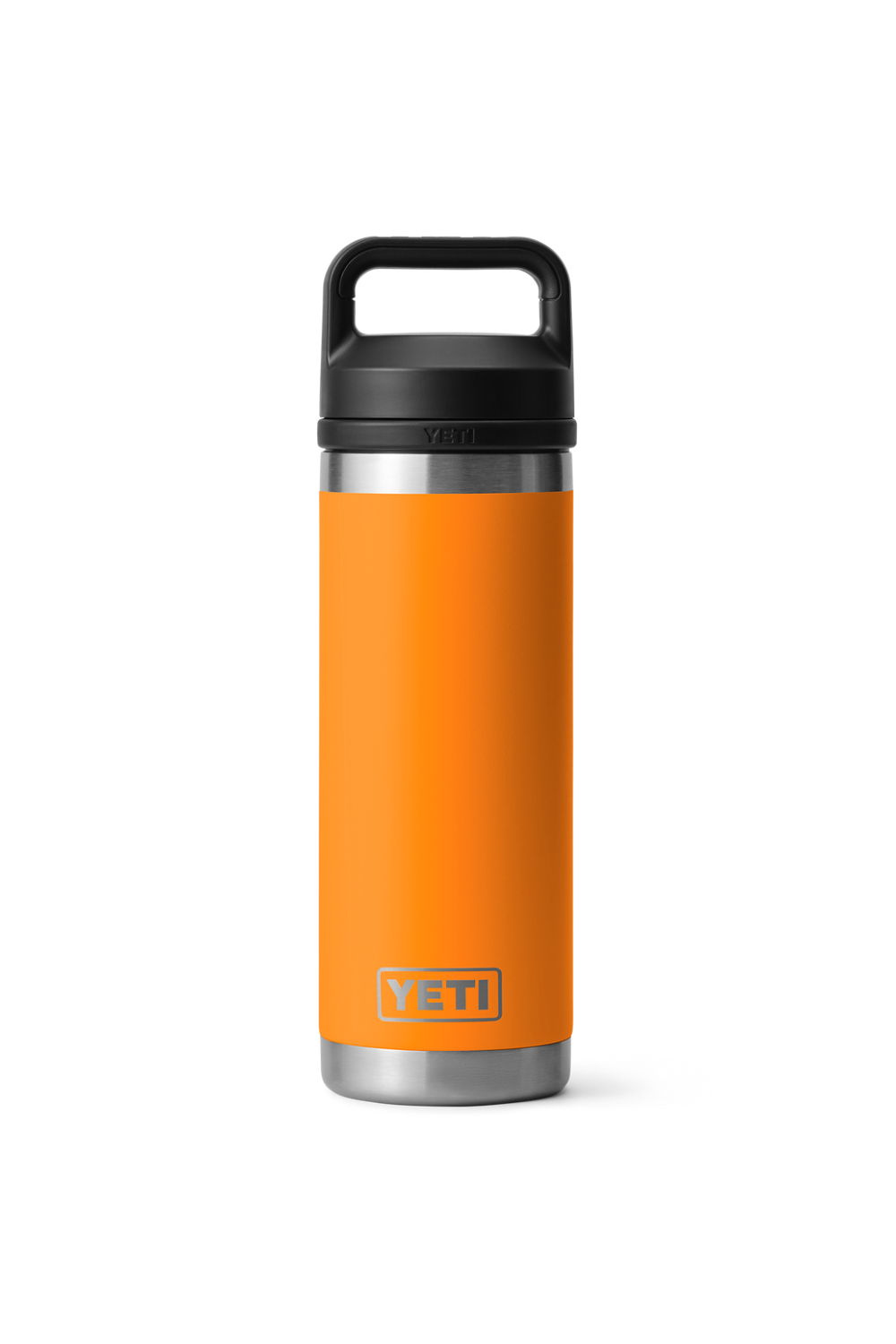 An orange Yeti water bottle  with a black chug cap on a white background