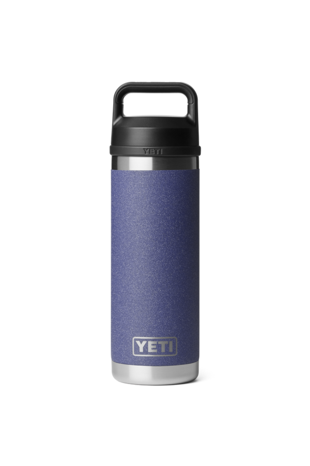 Dark purple YETI water bottle with black lid on a white background