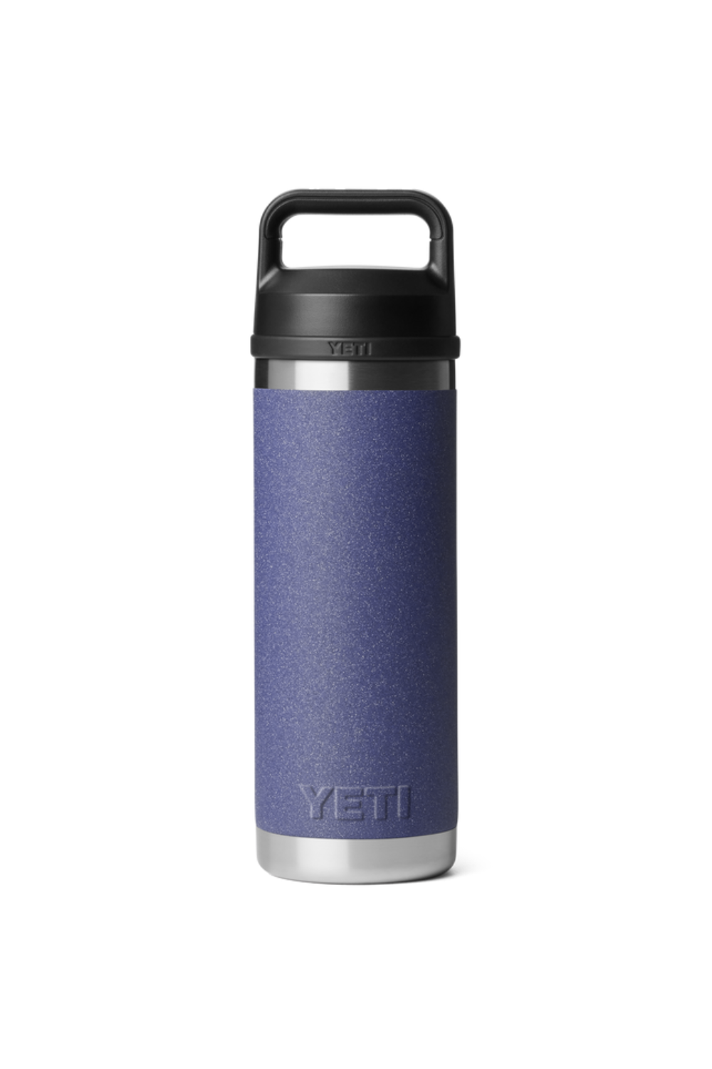 Purple YETI water bottle with black lid on a white background