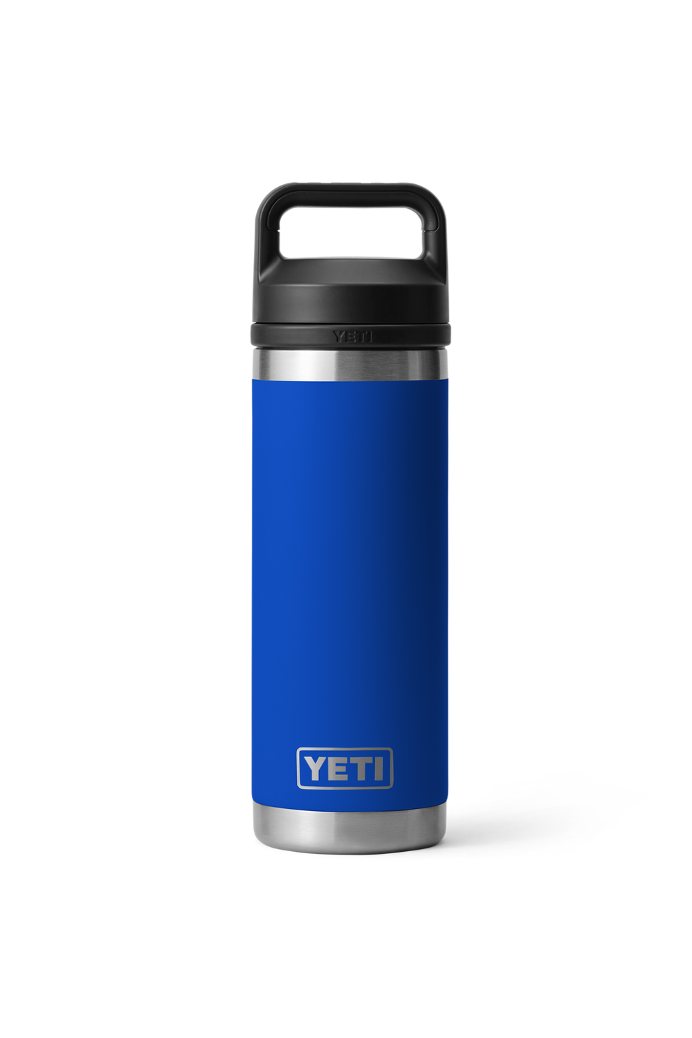 A bright blue Yeti bottle with a black chug cap on a white background