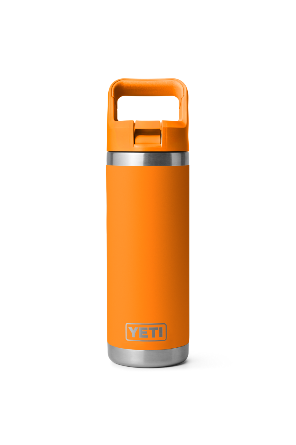 Orange YETI bottle with handle on a white background