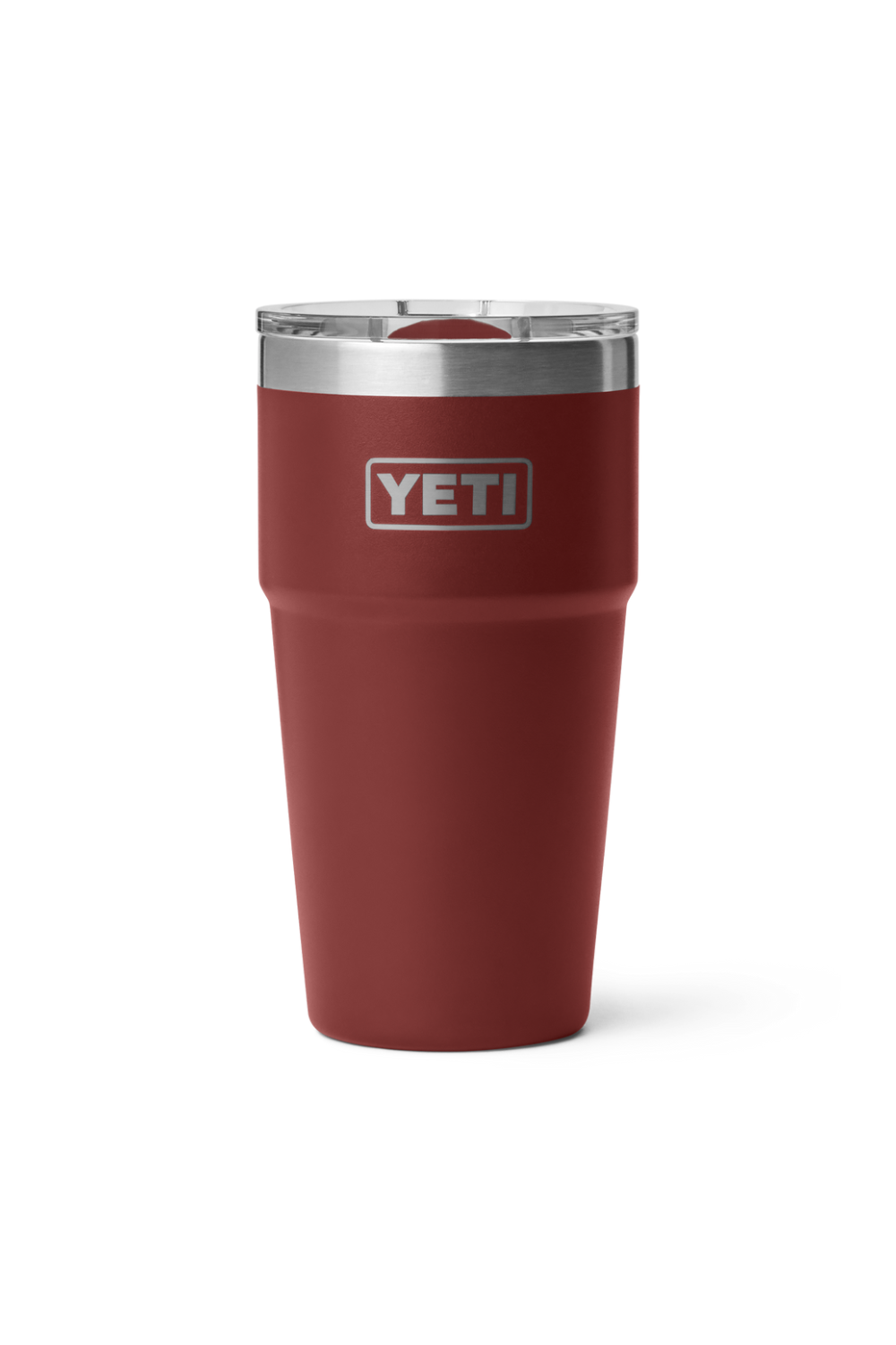 A YETI insulated travel tumbler in matte burgundy red, featuring a stainless steel rim and a clear lid with a red insert, shown on a white background.