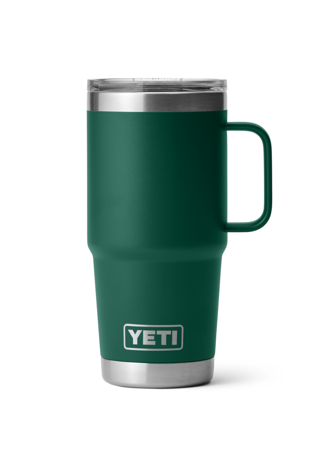 Green YETI mug with a silver rim on a white background