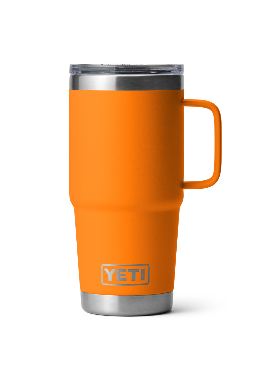 Orange YETI mug with a handle on a white background