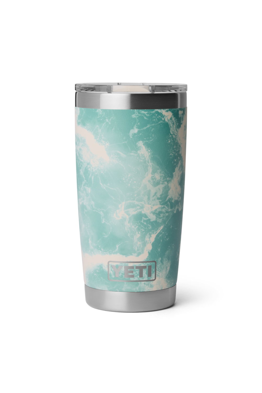 Marble-patterned YETI tumbler on a white background