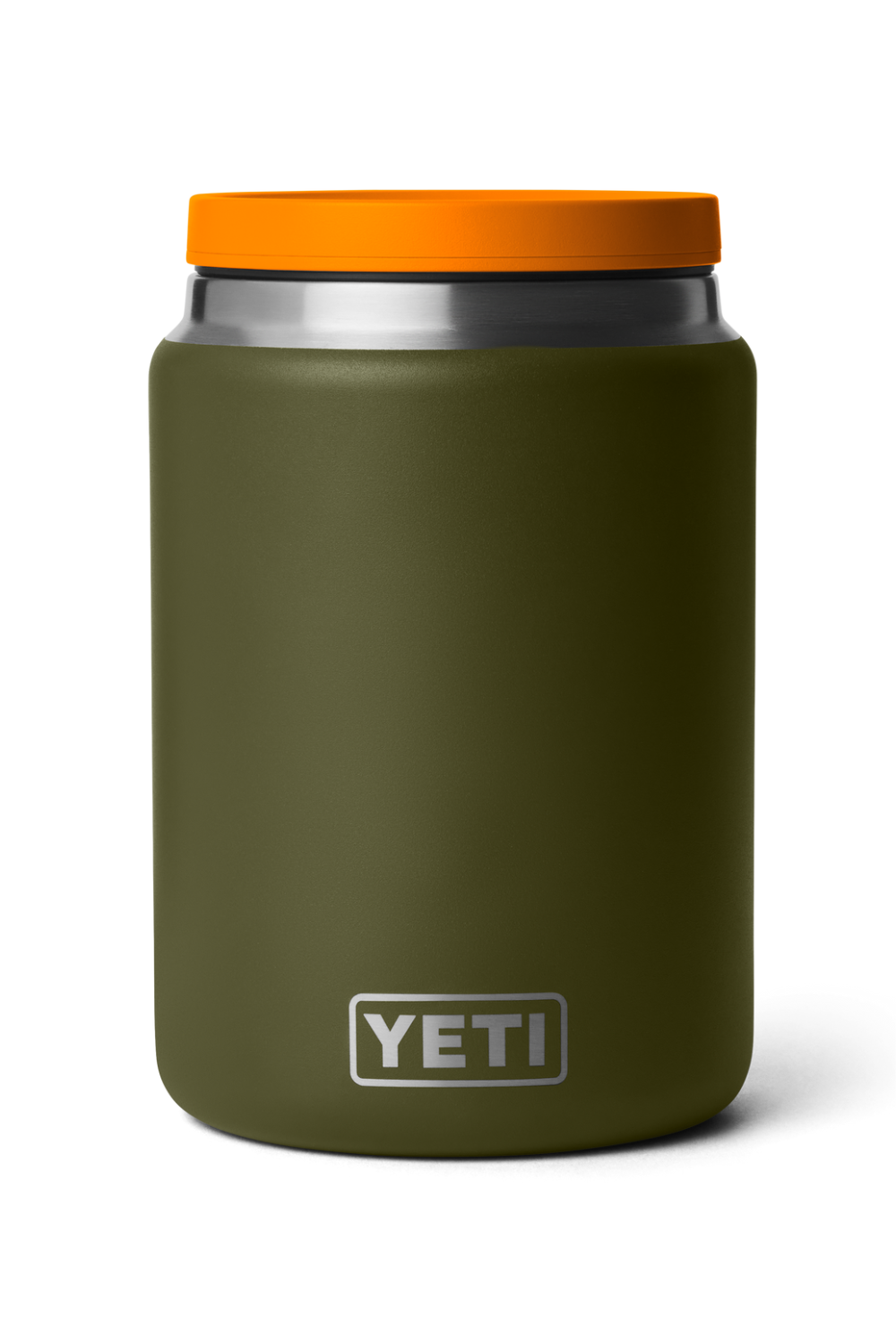 A YETI insulated food jar in matte olive green with a bright orange lid, shown on a clean white background.
