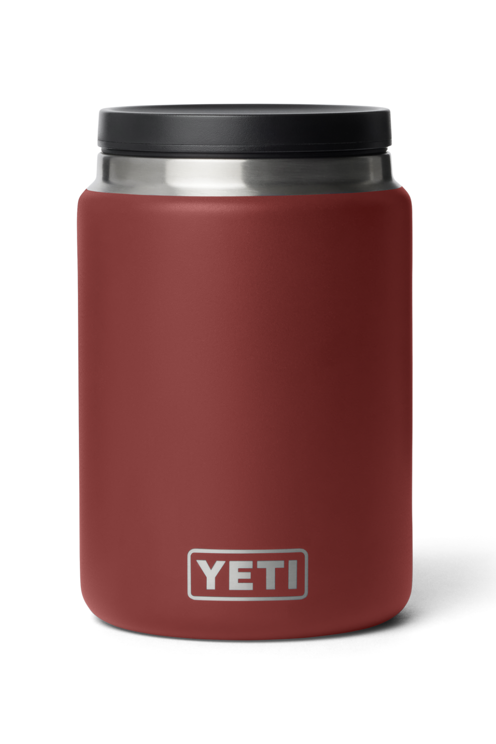 A YETI insulated can cooler in matte burgundy red with a black lid and a silver stainless steel rim, shown on a white background.