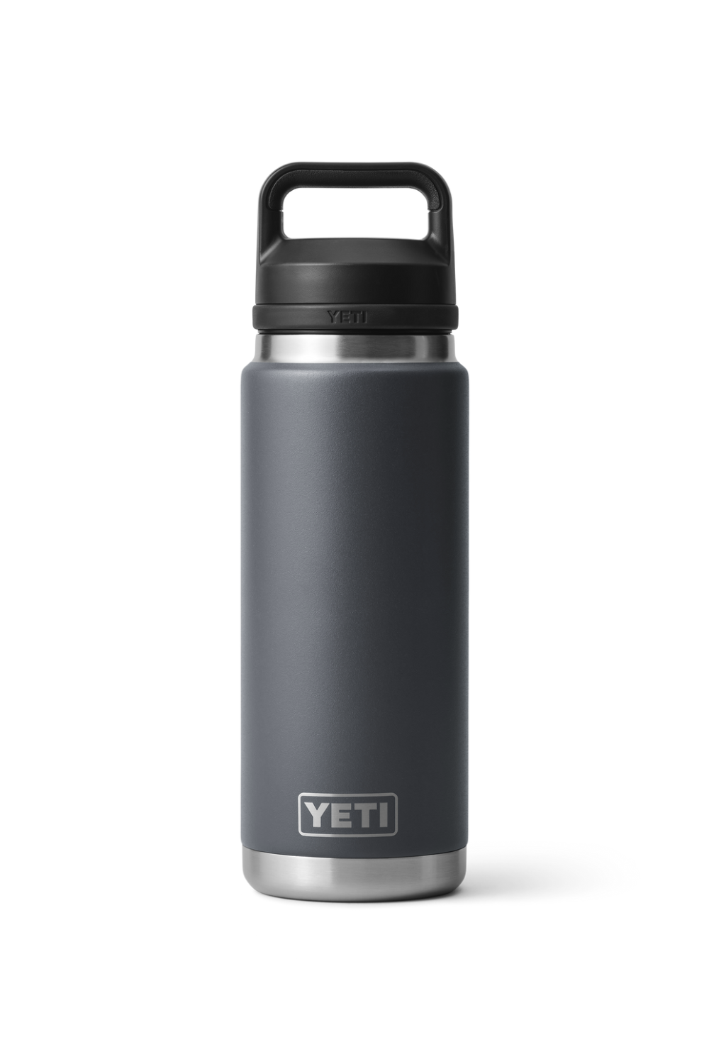 Dark grey YETI water bottle with black lid on a white background