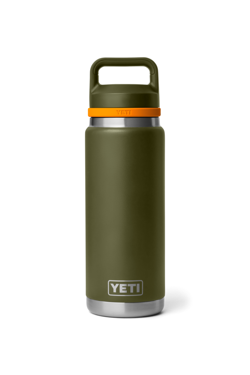 An olive green YETI water bottle with a matching lid and handle, featuring a bright orange band around the neck and silver stainless steel accents at the base and collar.