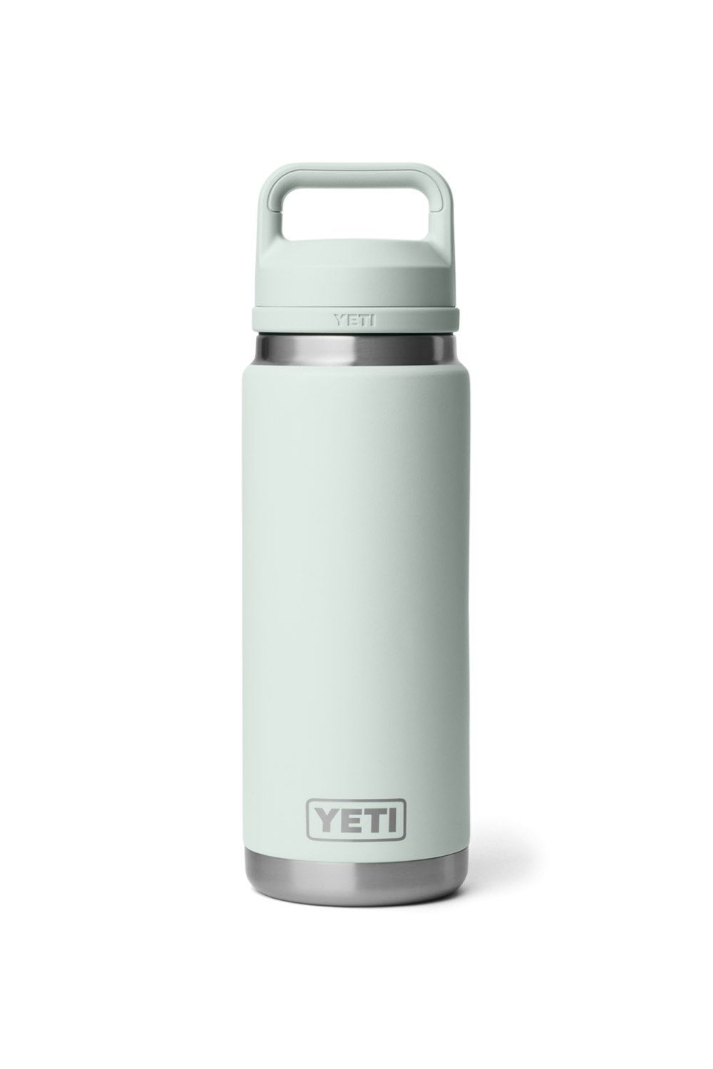 Light blue YETI water bottle with a gray lid on a white background