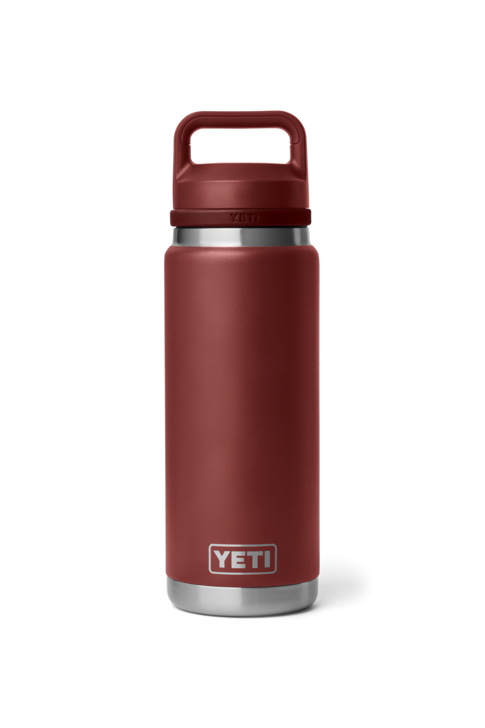 A YETI insulated water bottle in a matte dark red color, featuring a matching dark red lid with a carrying handle and stainless steel accents at the base.