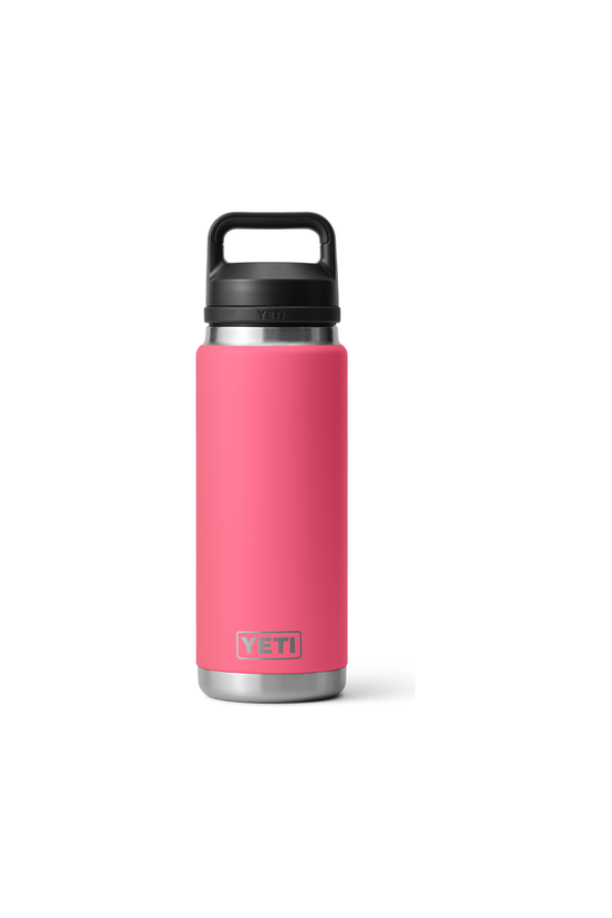 A 26 oz. pink Yeti Rambler bottle with a black lid and a carrying ring on top.