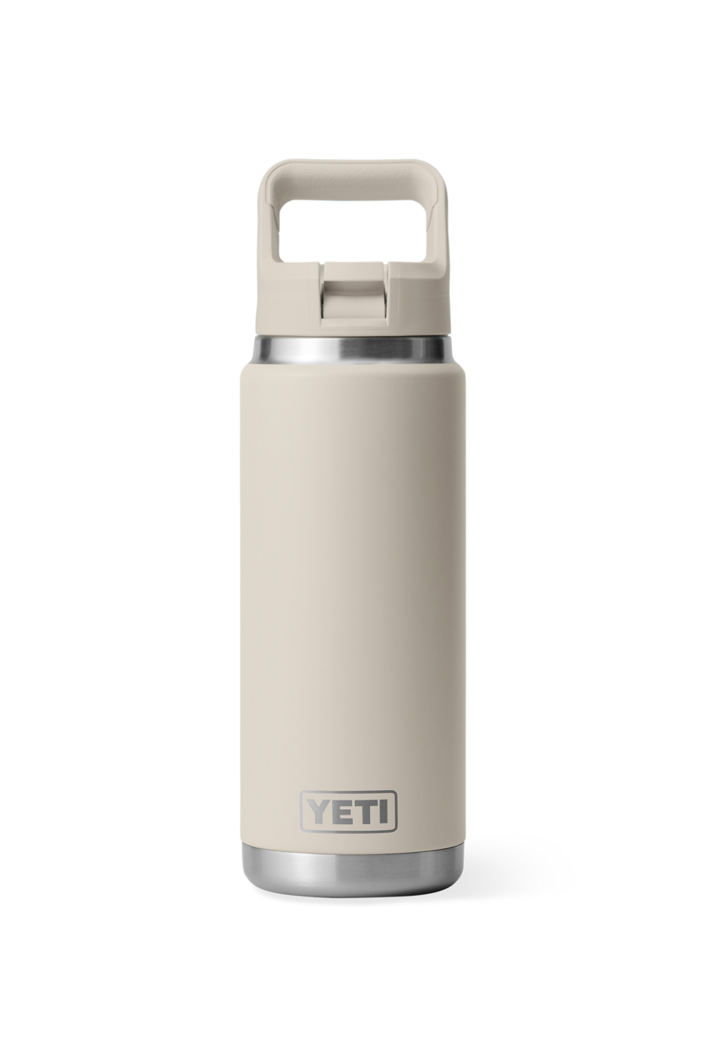 A beige Yeti water bottle with a beige straw cap on a white background