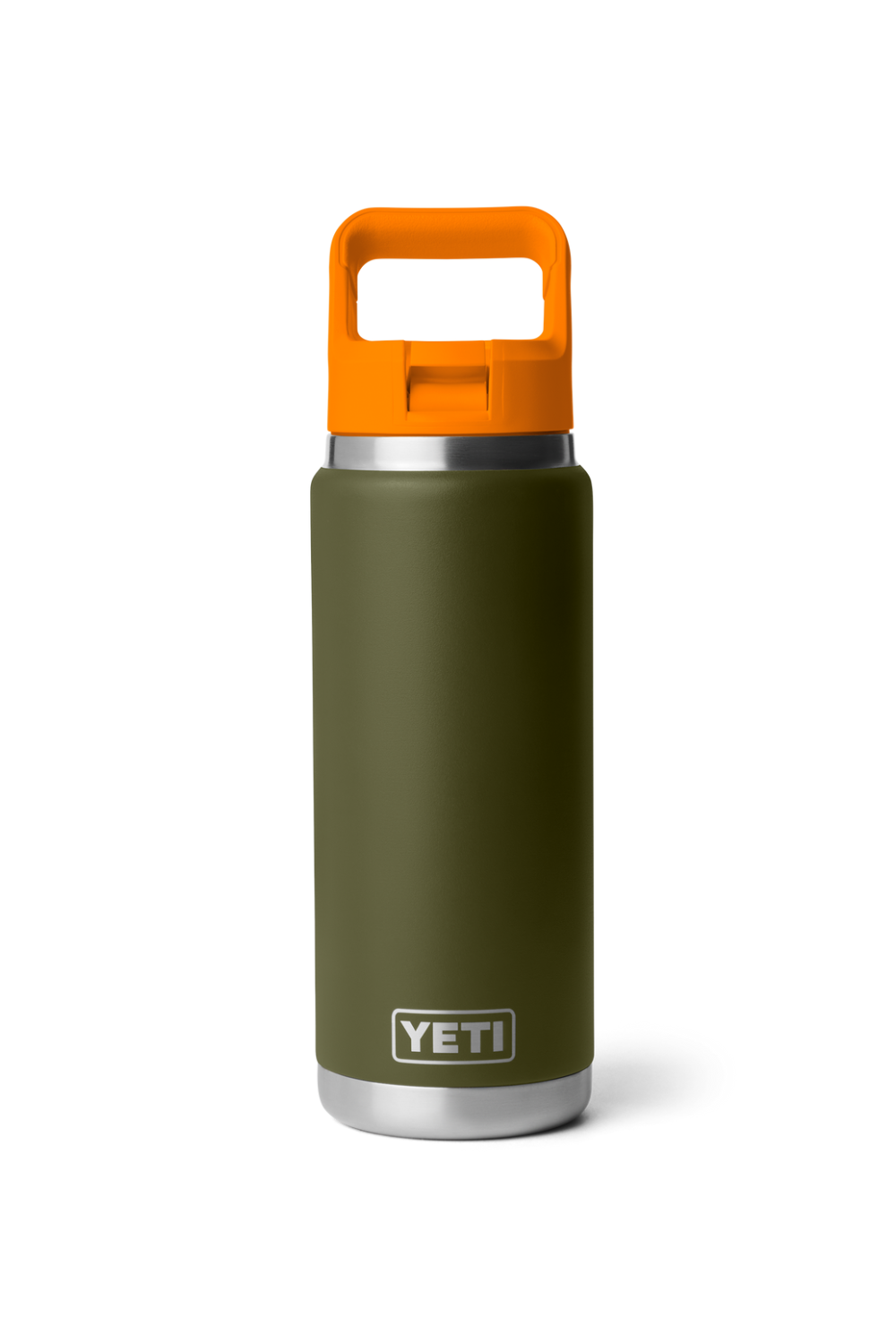 A YETI insulated water bottle in olive green with a bright orange carrying handle lid and silver stainless steel accents, shown on a clean white background.