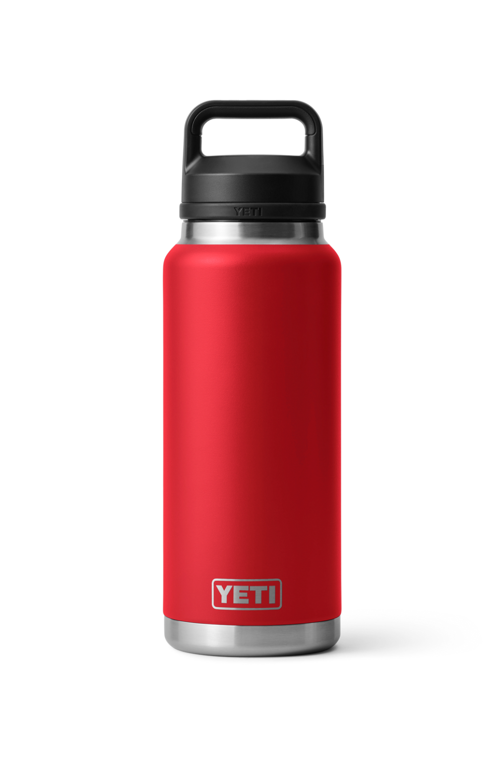 Red YETI water bottle with black lid on a white background