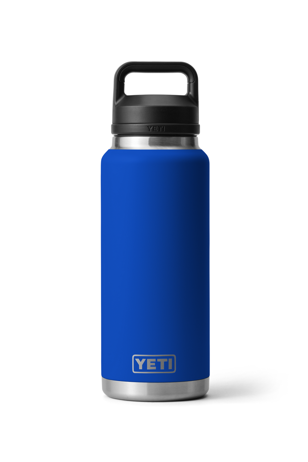 Blue YETI water bottle with black lid on a white background