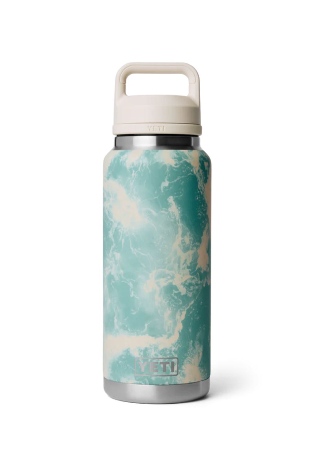 Marble-patterned water bottle with a white cap on a white background